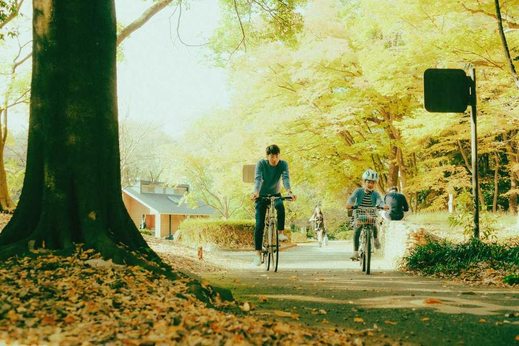 Enfants en vélo sur une allée de parcs, feuilles mortes, maison visible Enfants en vélo sur une allée de parcs, feuilles mortes, maison visible