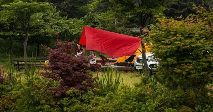 Voile rouge drapé sur un camping-car, entouré de verdure et d'arbres