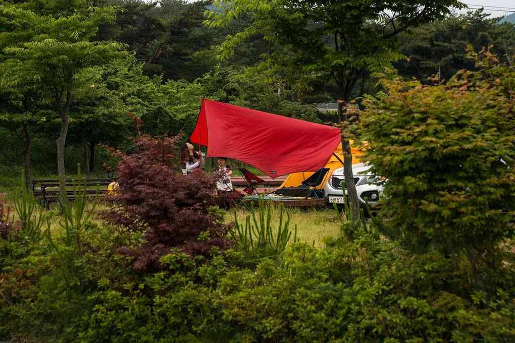 Voile rouge drapé sur un camping-car, entouré de verdure et d'arbres