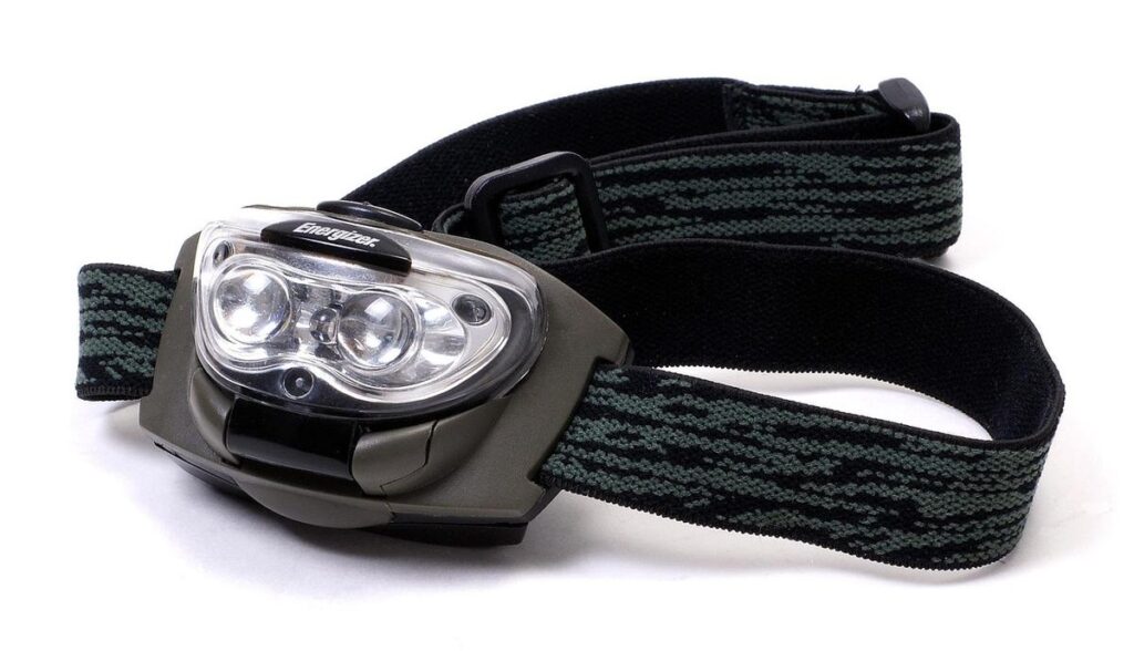 lampe frontale avec deux LED et sangle réglable sur fond blanc