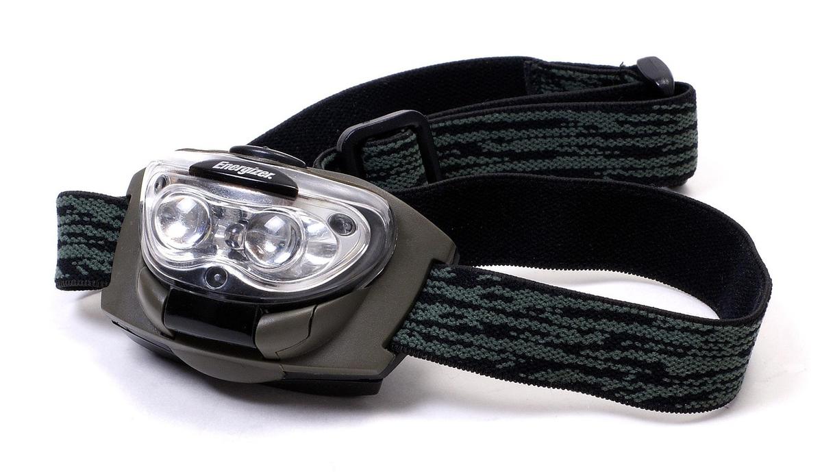 lampe frontale avec deux LED et sangle réglable sur fond blanc